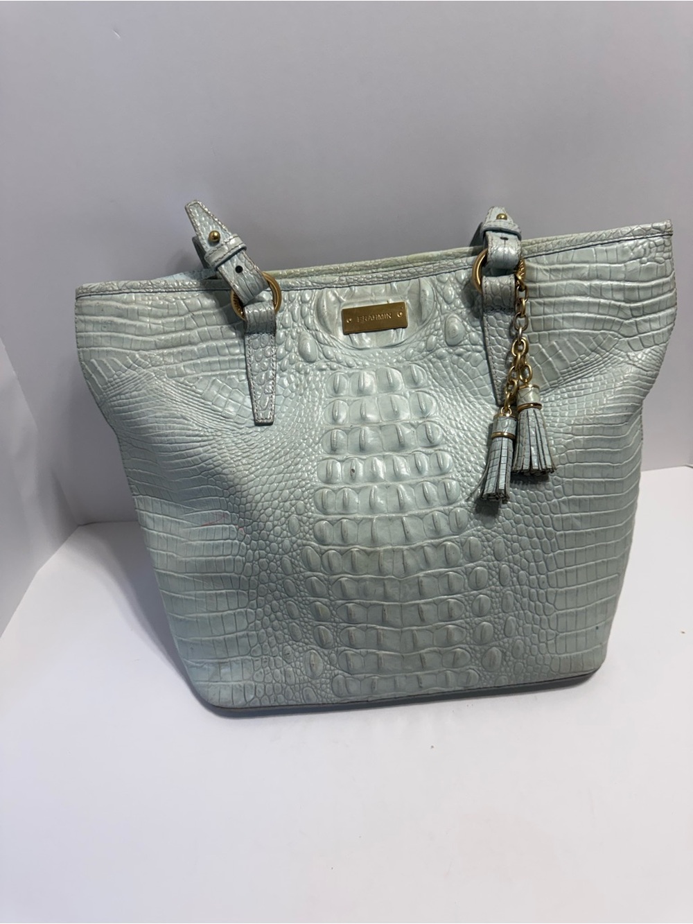 Brahmin Marissa Croc-Embossed Leather Shoulder Tote With Tassels, Pale Blue